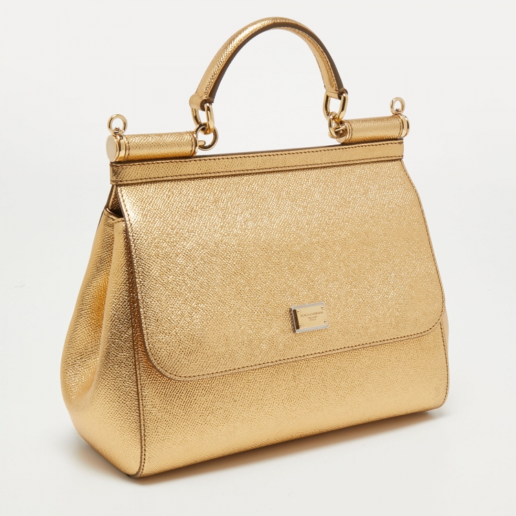 Pre Owned Dolce & Gabbana Metallic Gold Leather Medium Miss Sicily Top Handle Bag
