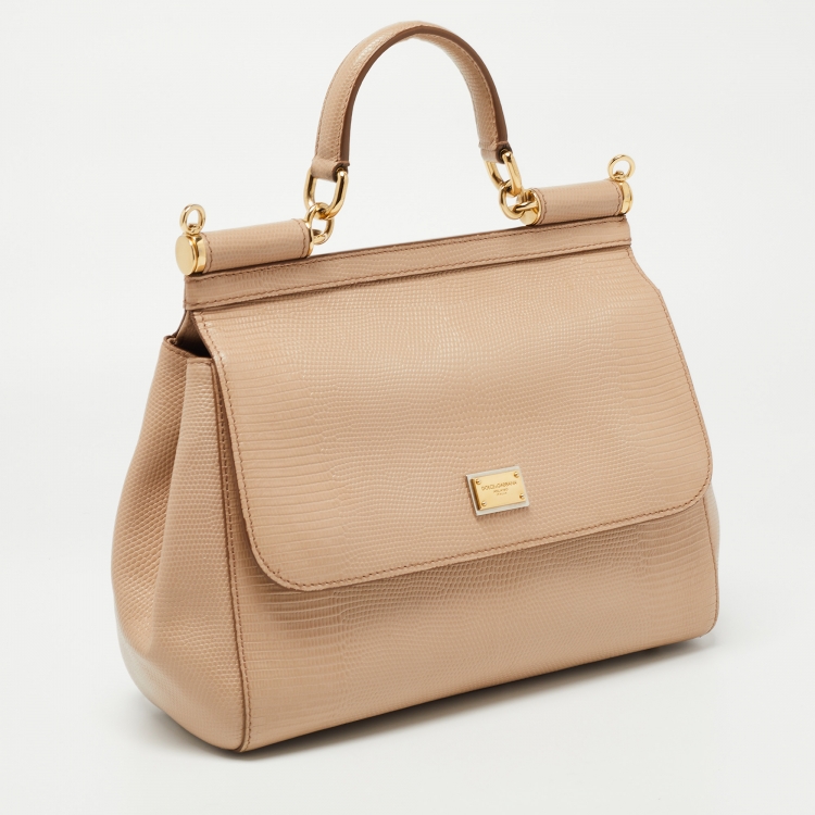 Pre Owned Dolce & Gabbana Beige Iguana Embossed Leather Medium Miss Sicily Top Handle Bag
