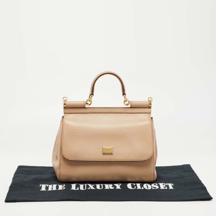 Pre Owned Dolce & Gabbana Beige Iguana Embossed Leather Medium Miss Sicily Top Handle Bag
