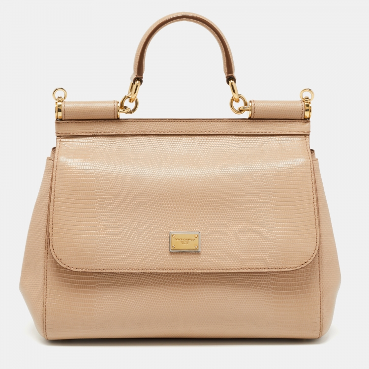 Pre Owned Dolce & Gabbana Beige Iguana Embossed Leather Medium Miss Sicily Top Handle Bag