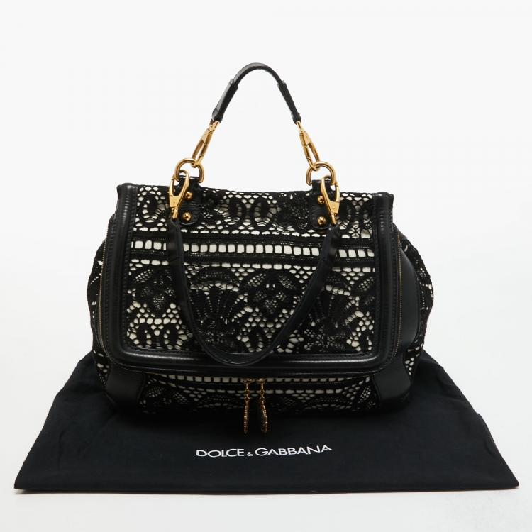مملوكة مسبقًا Dolce & Gabbana White/Black Crochet and Leather Miss Sicily Top Handle Bag