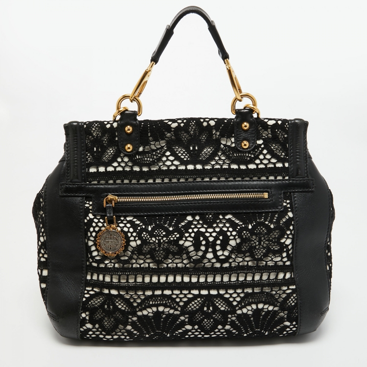 مملوكة مسبقًا Dolce & Gabbana White/Black Crochet and Leather Miss Sicily Top Handle Bag