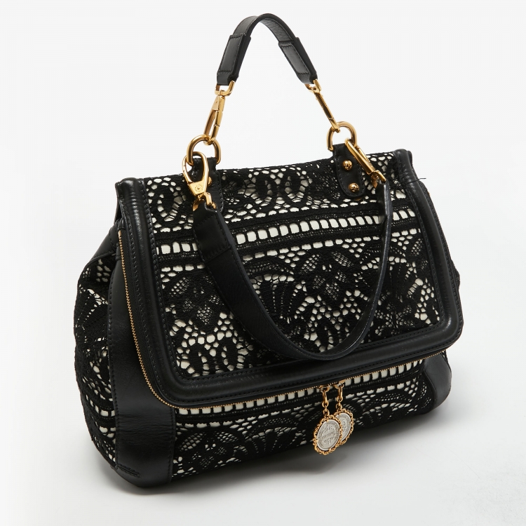 مملوكة مسبقًا Dolce & Gabbana White/Black Crochet and Leather Miss Sicily Top Handle Bag