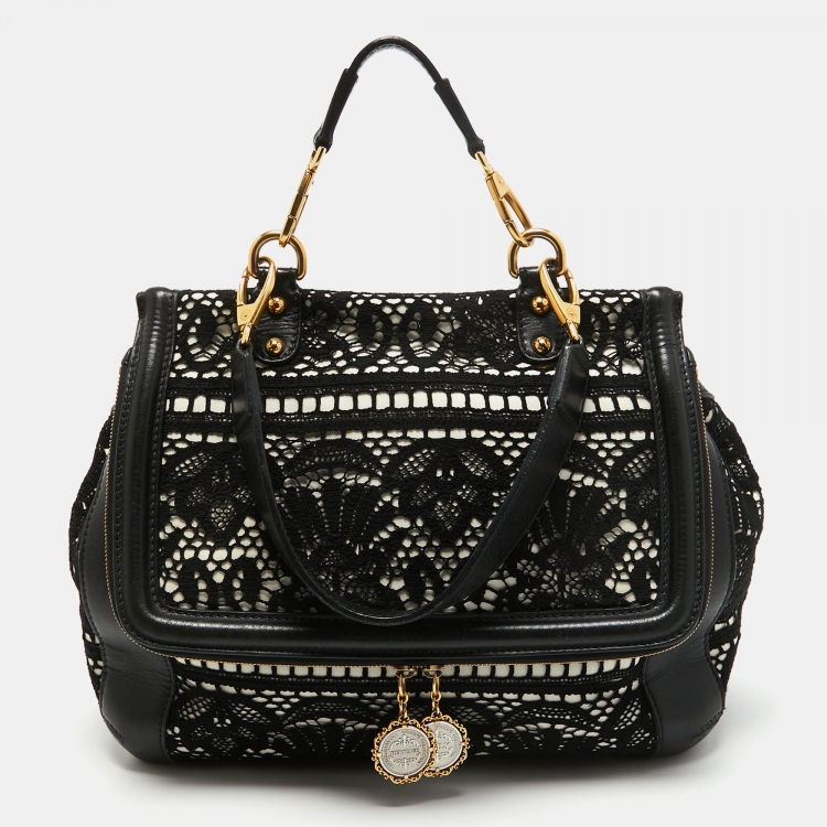 مملوكة مسبقًا Dolce & Gabbana White/Black Crochet and Leather Miss Sicily Top Handle Bag