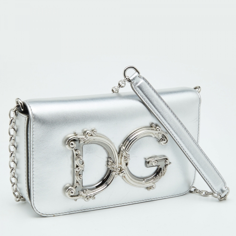 Pre Owned Dolce & Gabbana Silver Leather DG Girls Shoulder Bag