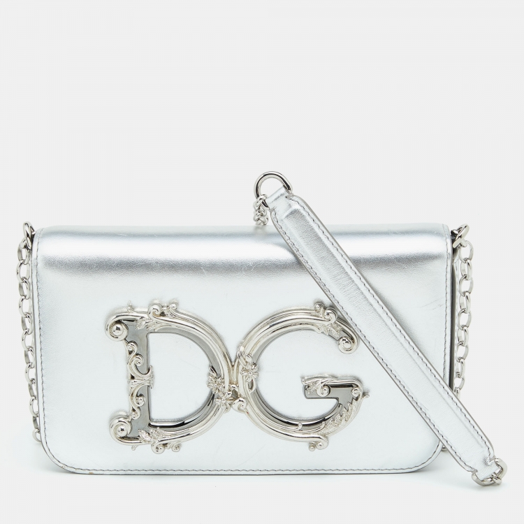 Pre Owned Dolce & Gabbana Silver Leather DG Girls Shoulder Bag