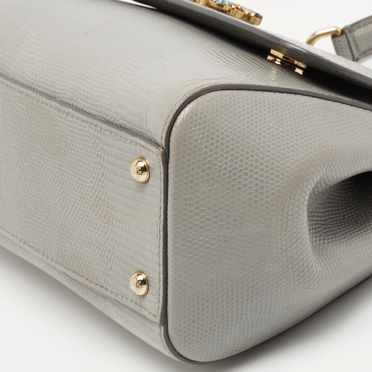 Pre Owned Dolce & Gabbana Grey Lizard Embossed Leather Medium Miss Sicily Top Handle Bag