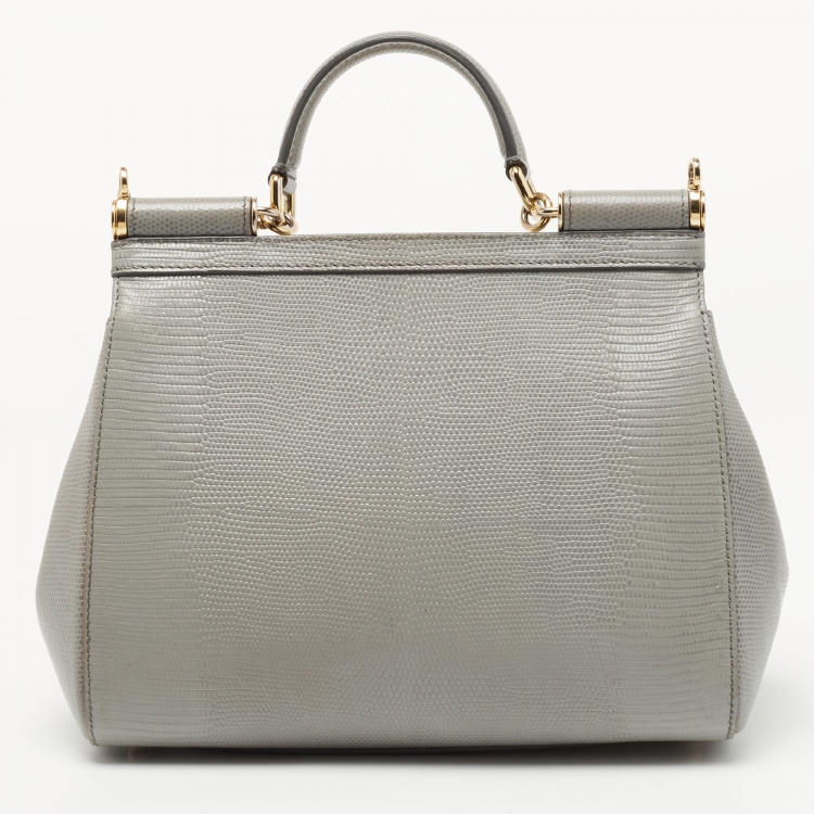 Pre Owned Dolce & Gabbana Grey Lizard Embossed Leather Medium Miss Sicily Top Handle Bag