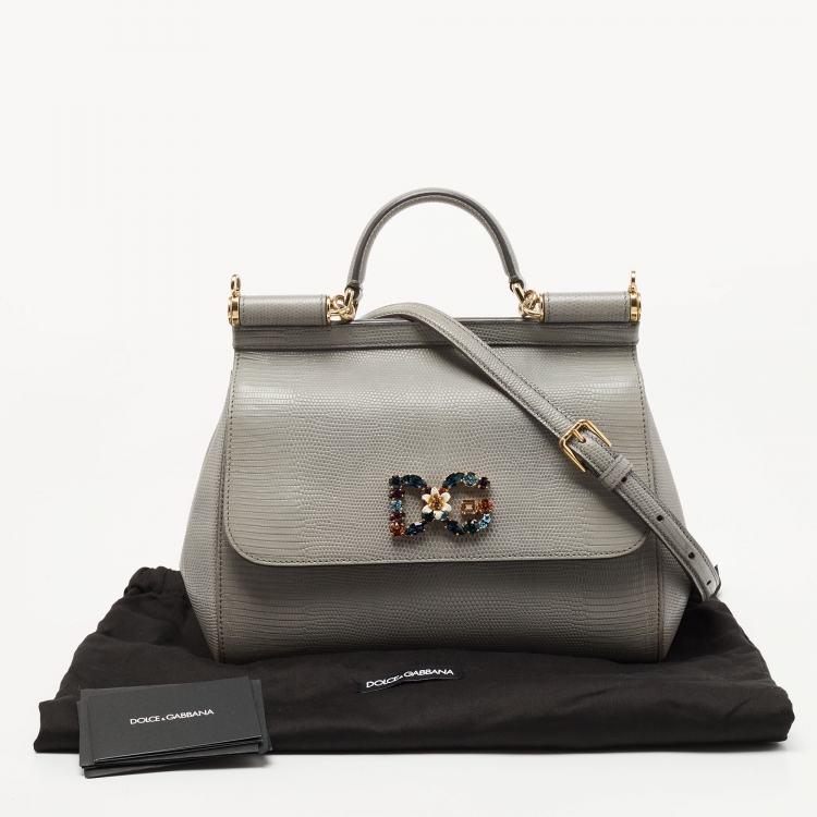 Pre Owned Dolce & Gabbana Grey Lizard Embossed Leather Medium Miss Sicily Top Handle Bag