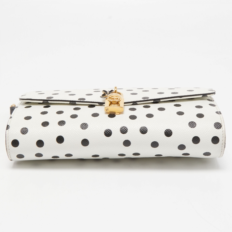 Pre Owned Dolce & Gabbana White/Black Polka Dot Leather Padlock Chain Clutch
