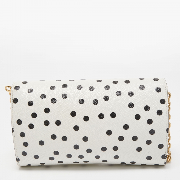 Pre Owned Dolce & Gabbana White/Black Polka Dot Leather Padlock Chain Clutch