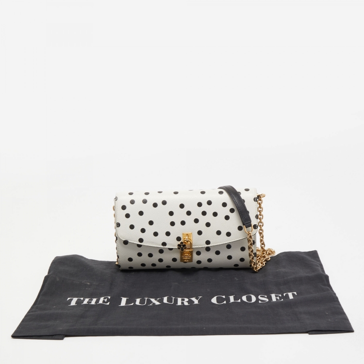 Pre Owned Dolce & Gabbana White/Black Polka Dot Leather Padlock Chain Clutch