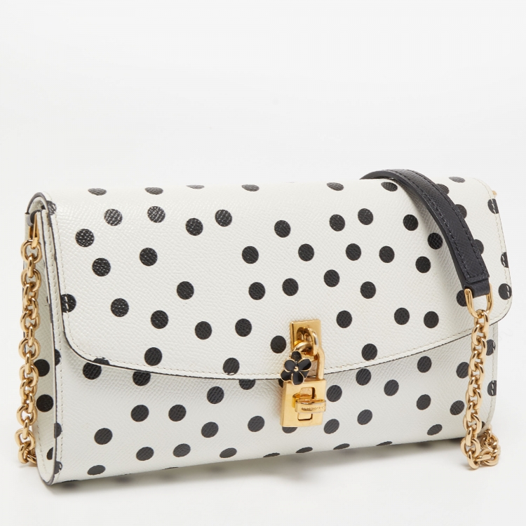 Pre Owned Dolce & Gabbana White/Black Polka Dot Leather Padlock Chain Clutch