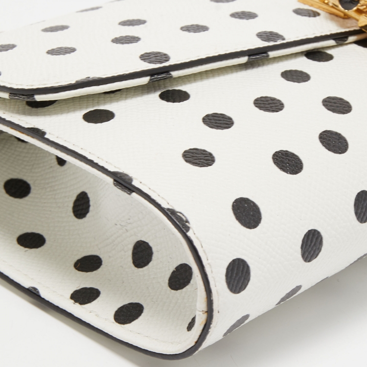 Pre Owned Dolce & Gabbana White/Black Polka Dot Leather Padlock Chain Clutch