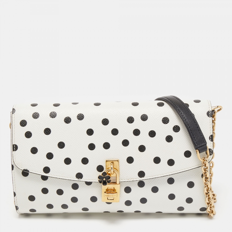 Pre Owned Dolce & Gabbana White/Black Polka Dot Leather Padlock Chain Clutch