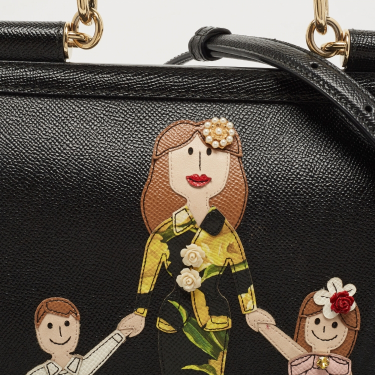 Pre Owned Dolce & Gabbana Black Leather Medium Family Patch Sicily Top Handle Bag