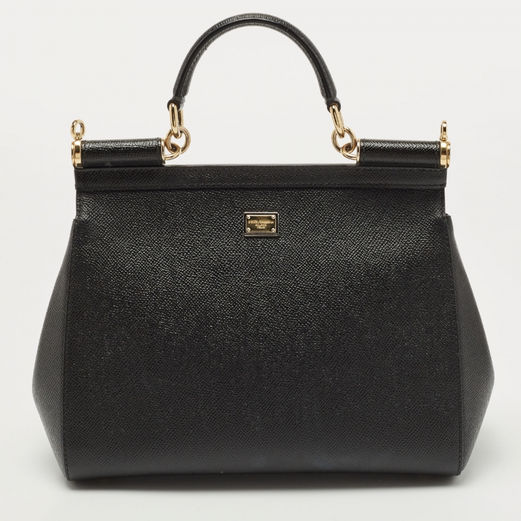 Pre Owned Dolce & Gabbana Black Leather Medium Family Patch Sicily Top Handle Bag