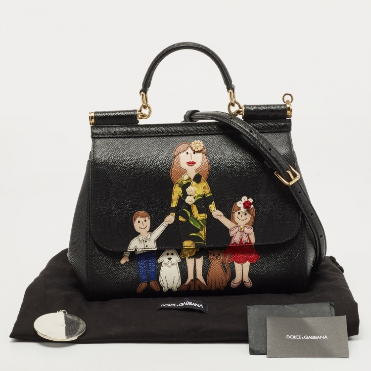 Pre Owned Dolce & Gabbana Black Leather Medium Family Patch Sicily Top Handle Bag
