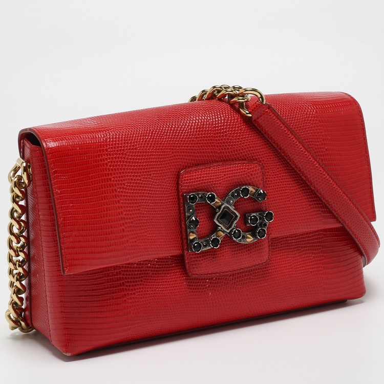 Pre Owned Dolce & Gabbana Red Lizard Embossed Leather DG Millennials Shoulder Bag