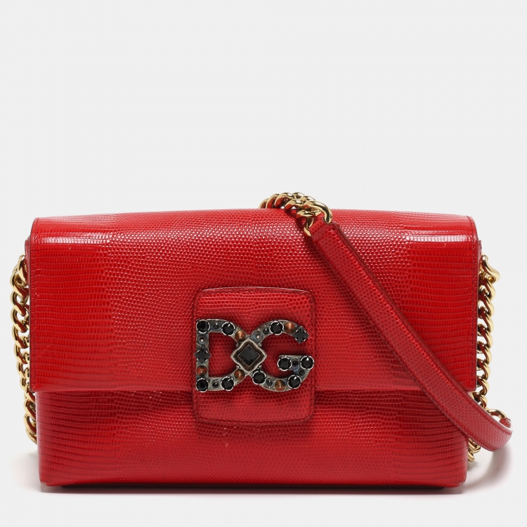 Pre Owned Dolce & Gabbana Red Lizard Embossed Leather DG Millennials Shoulder Bag
