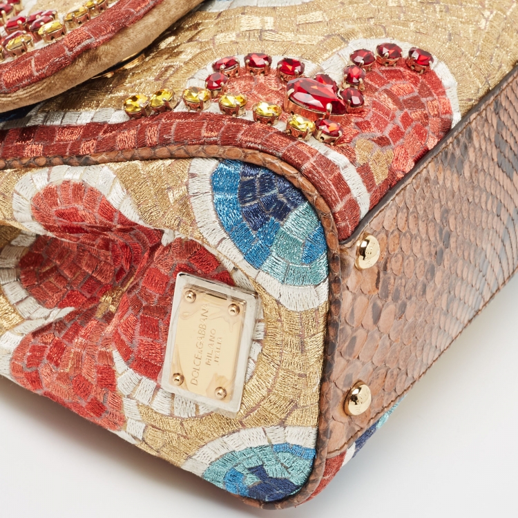 Pre Owned Dolce & Gabbana Multicolor Embroidered and Python Crystal Medium Miss Sicily Top Handle Bag