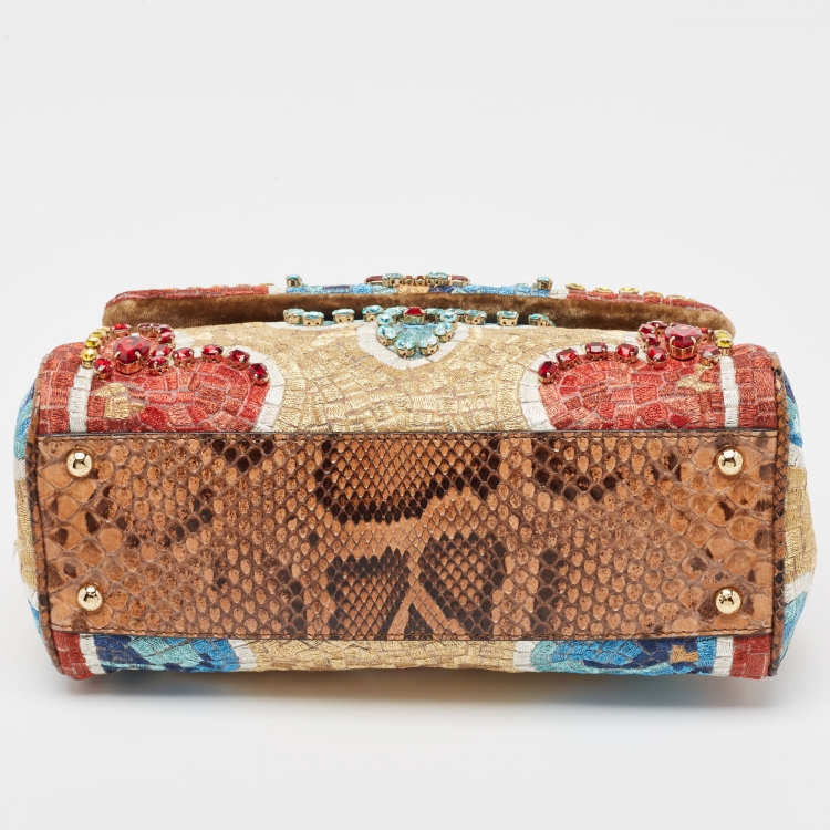 Pre Owned Dolce & Gabbana Multicolor Embroidered and Python Crystal Medium Miss Sicily Top Handle Bag