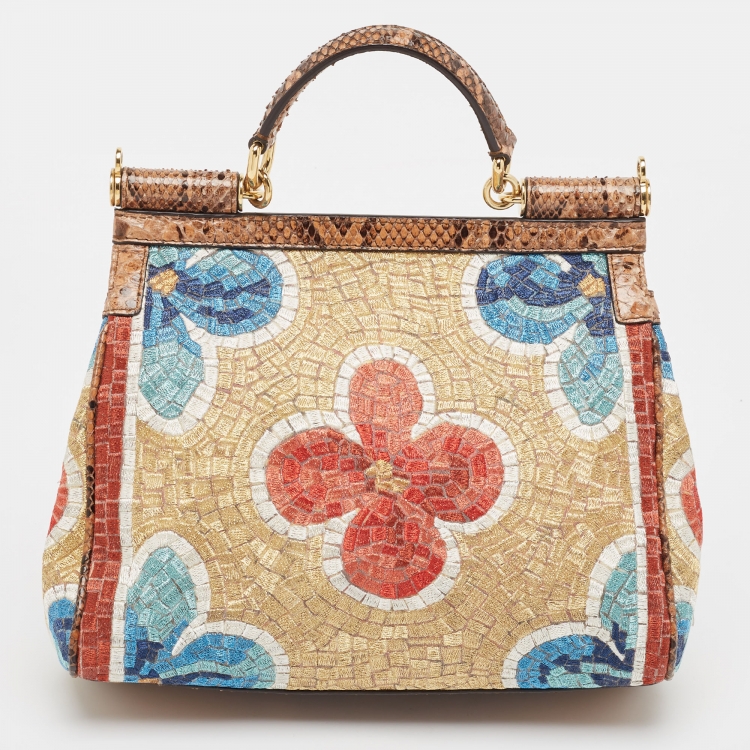 Pre Owned Dolce & Gabbana Multicolor Embroidered and Python Crystal Medium Miss Sicily Top Handle Bag
