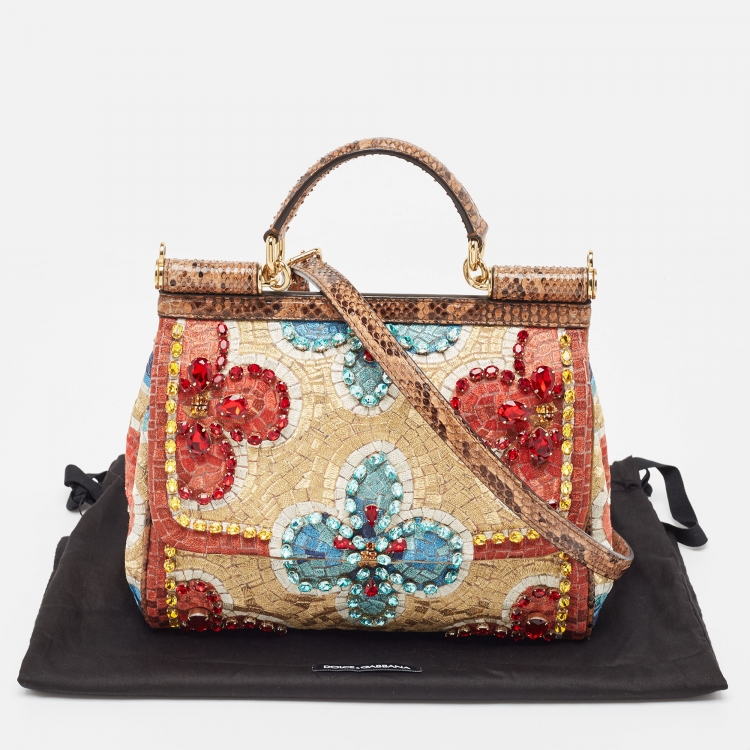 Pre Owned Dolce & Gabbana Multicolor Embroidered and Python Crystal Medium Miss Sicily Top Handle Bag