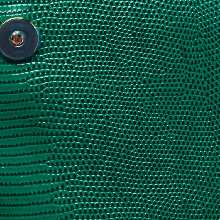 Pre Owned Dolce & Gabbana Green Lizard Embossed Leather Crystal DG Logo Medium Miss Sicily Bag