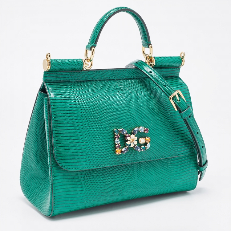 Pre Owned Dolce & Gabbana Green Lizard Embossed Leather Crystal DG Logo Medium Miss Sicily Bag
