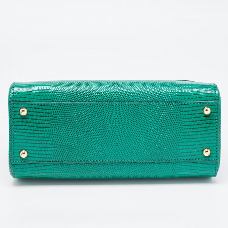Pre Owned Dolce & Gabbana Green Lizard Embossed Leather Crystal DG Logo Medium Miss Sicily Bag