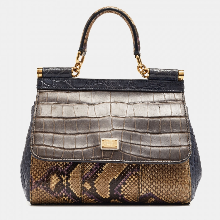 Pre Owned Dolce & Gabbana Multicolor Mixed Exotic and Leather Small Miss Sicily Top Handle Bag