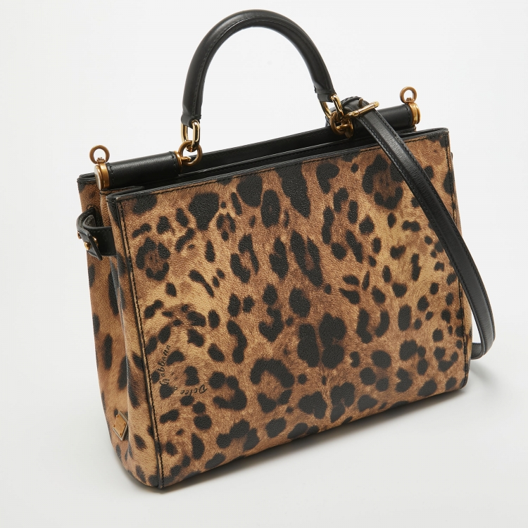 Pre Owned Dolce & Gabbana Black/Brown Leopard Print Coated Canvas and Leather Sicily 62 Tote