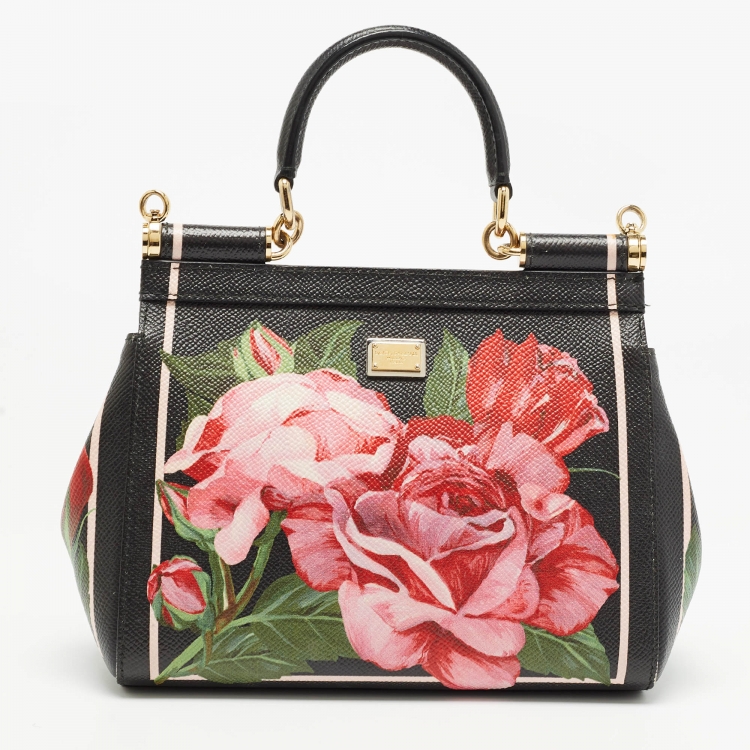 Pre Owned Dolce & Gabbana Black Leather Small Sicily Rose Top Handle Bag