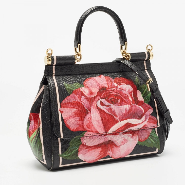 Pre Owned Dolce & Gabbana Black Leather Small Sicily Rose Top Handle Bag