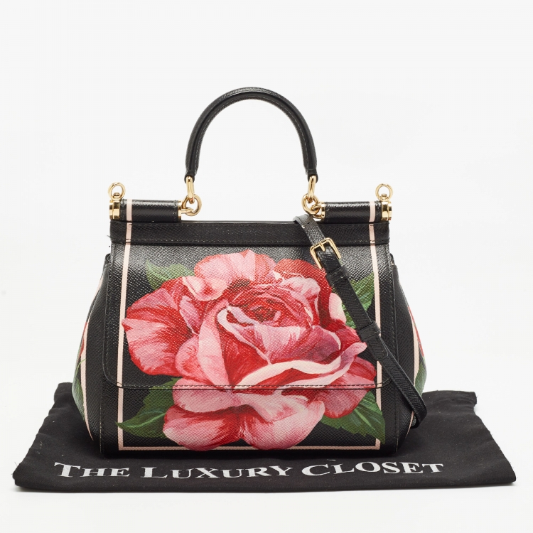 Pre Owned Dolce & Gabbana Black Leather Small Sicily Rose Top Handle Bag