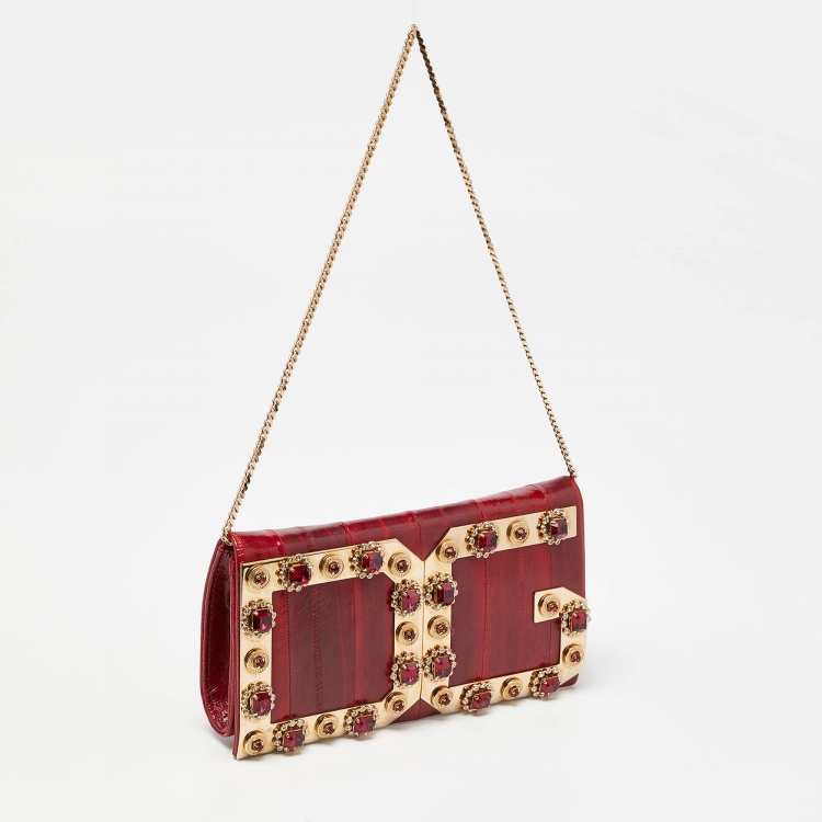 Pre Owned Dolce & Gabbana Red Eel Leather DG Gems Stone Embellished Wallet on Chain