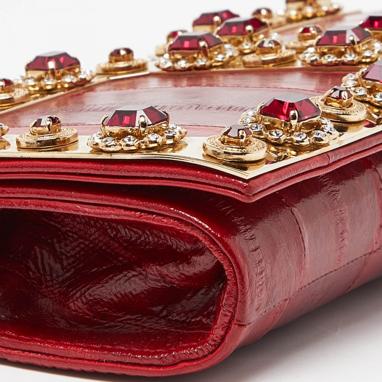 Pre Owned Dolce & Gabbana Red Eel Leather DG Gems Stone Embellished Wallet on Chain