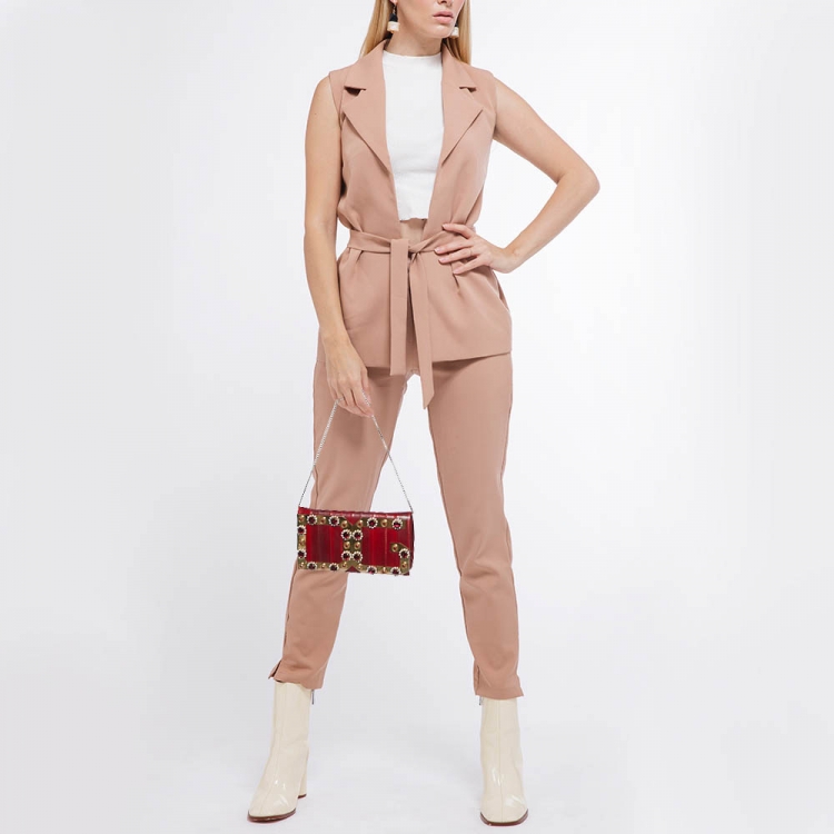 Pre Owned Dolce & Gabbana Red Eel Leather DG Gems Stone Embellished Wallet on Chain