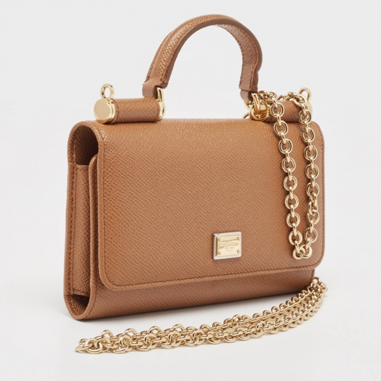 Pre Owned Dolce & Gabbana Brown Leather Miss Sicily Von Wallet on Chain