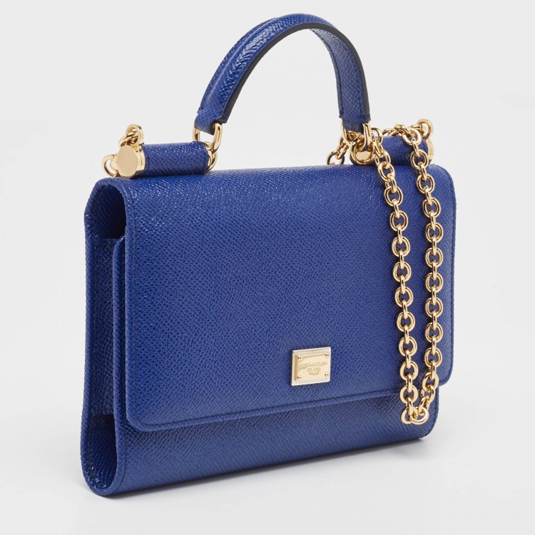 Pre Owned Dolce & Gabbana Blue Leather Sicily Smart Gloss Wallet on Chain