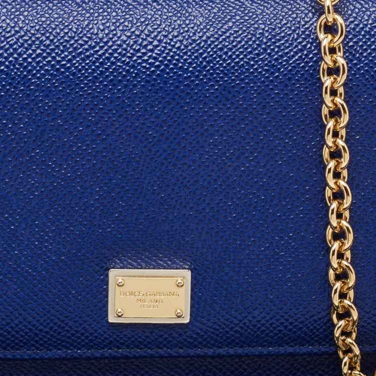 Pre Owned Dolce & Gabbana Blue Leather Sicily Smart Gloss Wallet on Chain