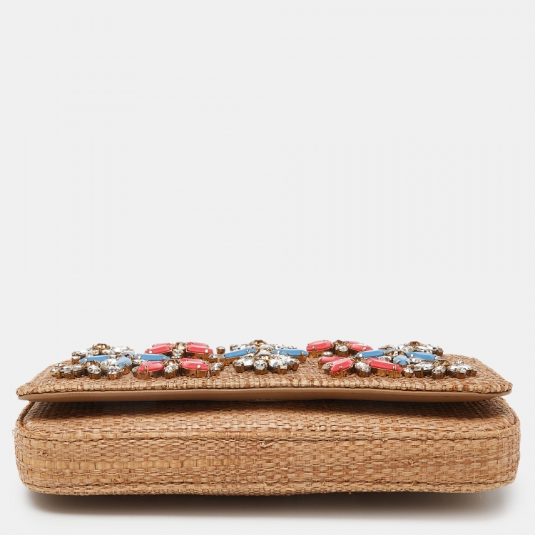 Pre Owned Dolce & Gabbana Beige Raffia Crystal Embellished Chain Clutch