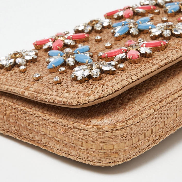 Pre Owned Dolce & Gabbana Beige Raffia Crystal Embellished Chain Clutch