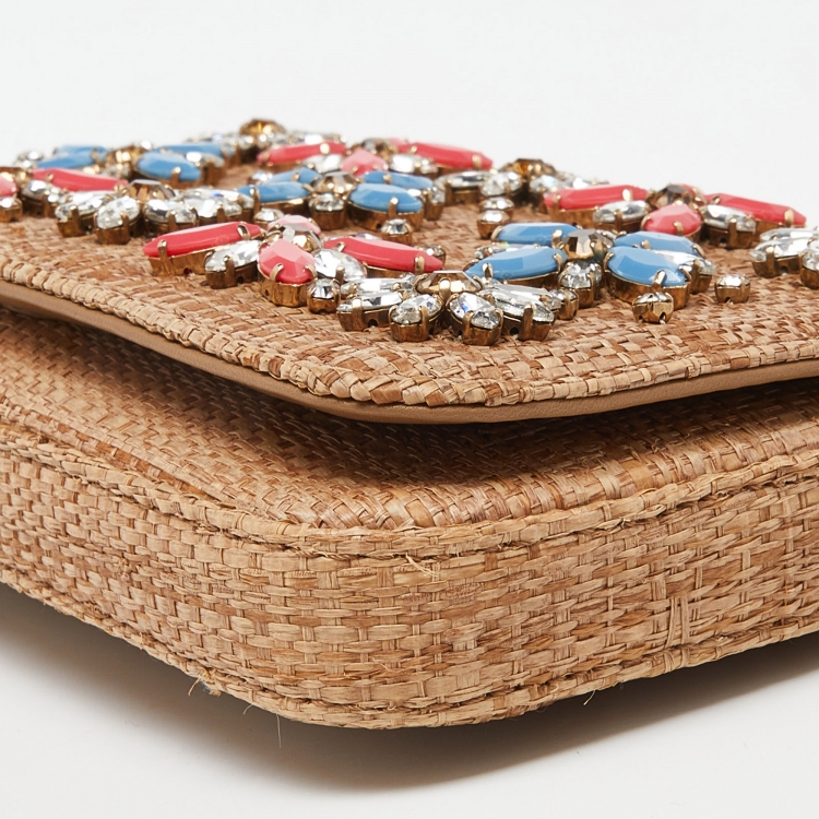 Pre Owned Dolce & Gabbana Beige Raffia Crystal Embellished Chain Clutch