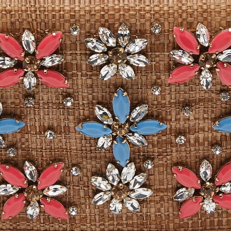 Pre Owned Dolce & Gabbana Beige Raffia Crystal Embellished Chain Clutch