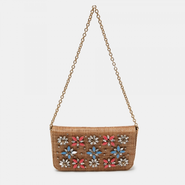 Pre Owned Dolce & Gabbana Beige Raffia Crystal Embellished Chain Clutch