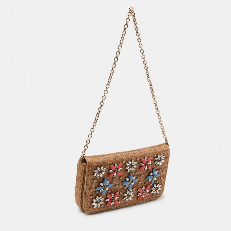 Pre Owned Dolce & Gabbana Beige Raffia Crystal Embellished Chain Clutch
