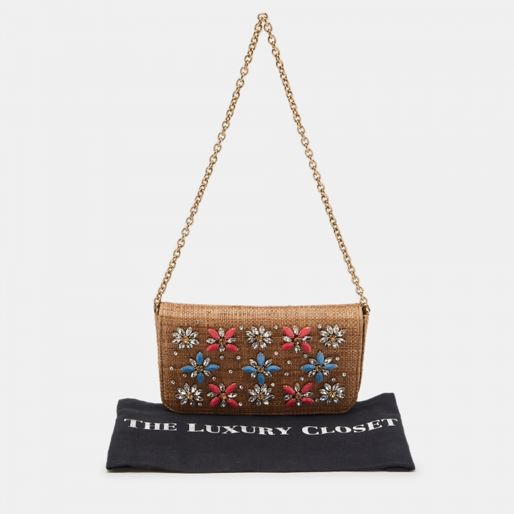 Pre Owned Dolce & Gabbana Beige Raffia Crystal Embellished Chain Clutch