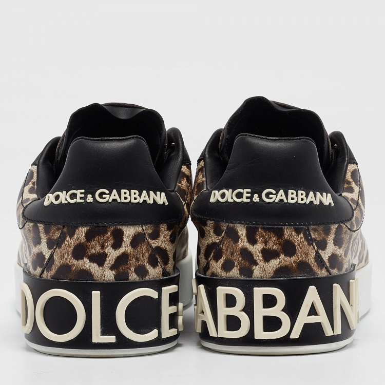Pre Owned Dolce & Gabbana Brown/Brown Leopard Print Leather Portofino Sneakers Size 38